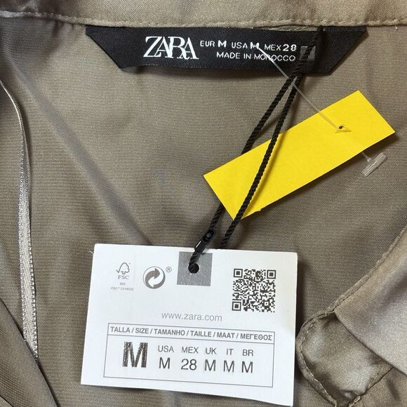 ZARA OFF GREEN SATIN V-NECK SHIRT LONG SLEEVE BUTTON CLOSURE SIZE M NWT - Picture 3 of 9